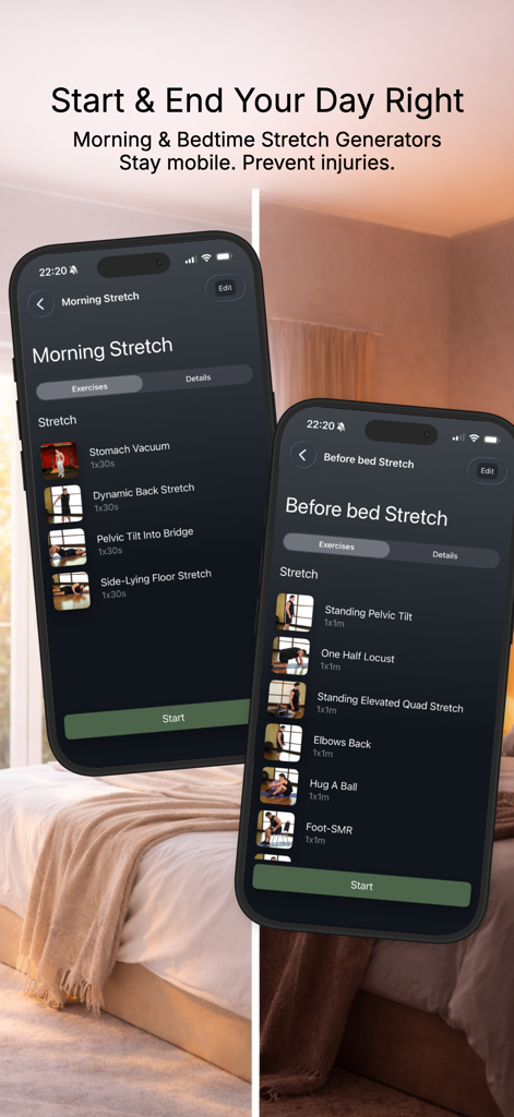 Delicious Fitness - Delicious Fitness app showing morning and bedtime stretching routines on mobile screens