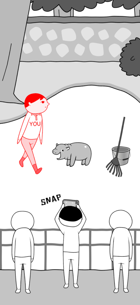 KUUKIYOMI THAILAND - Una escena de juego minimalista donde un personaje rojo pasa junto a una cría de hipopótamo mientras los visitantes toman fotos