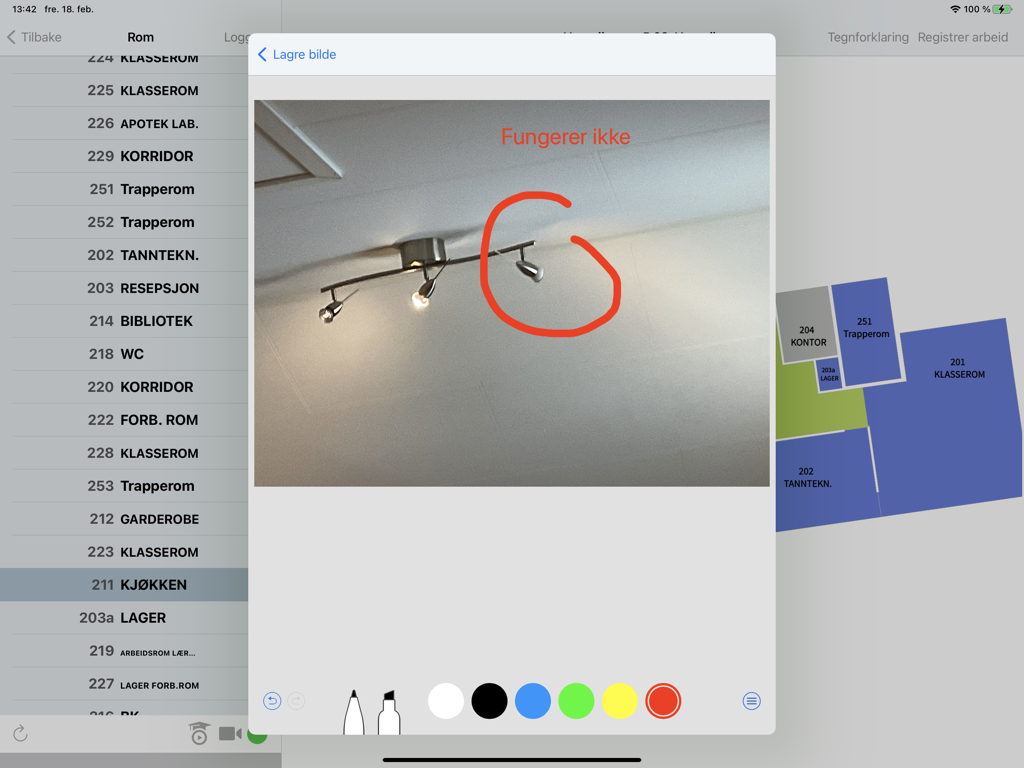CleanPilot Go - iPad interface of CleanPilot Go app showing a photo of a broken light fixture with a red circle and text for reporting maintenance issues