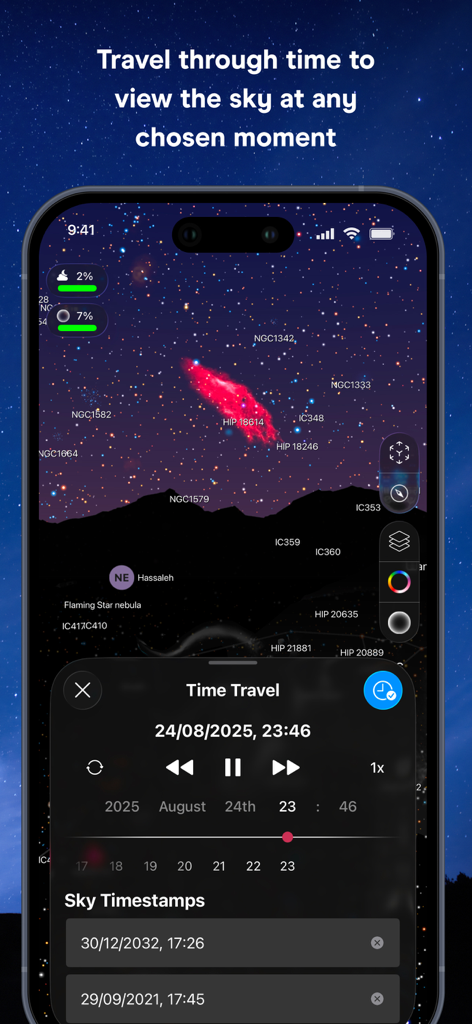 Night Sky app displaying the time travel feature over a celestial star map.