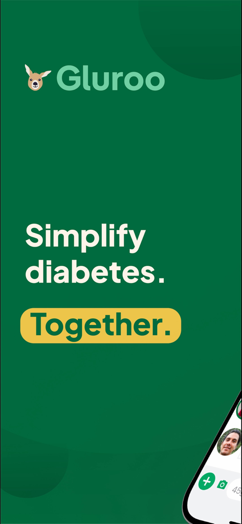 Gluroo Diabetes Logger - Gluroo App Startbildschirm mit dem Slogan Gemeinsam Diabetes vereinfachen.