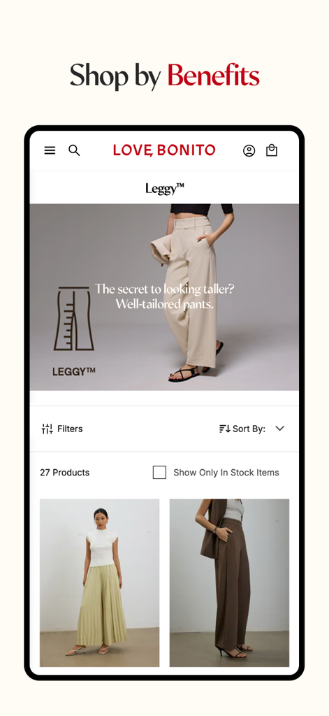 Love Bonito mobile app screen showing the Leggy pants collection designed to make women look taller.
