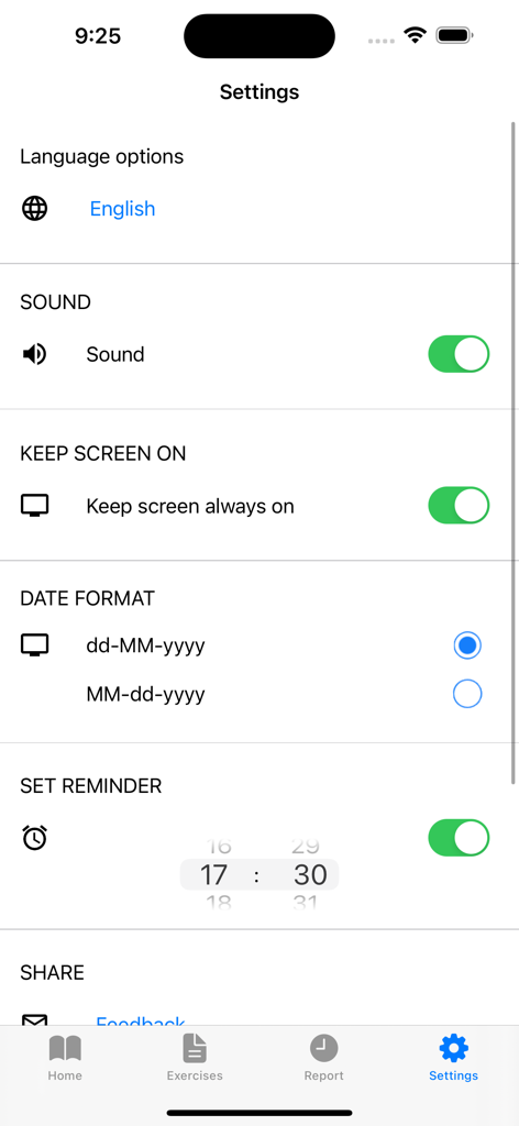 Dumbbell Home Workout Plan - Menú de configuración de la aplicación Plan de Entrenamiento en Casa con Mancuernas que muestra opciones de configuración de sonido, pantalla y recordatorios.