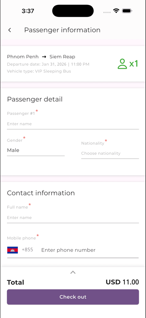 IBus Express - Passagierinformations- und Checkout-Bildschirm in der IBus Express App für eine Reise von Phnom Penh nach Siem Reap.