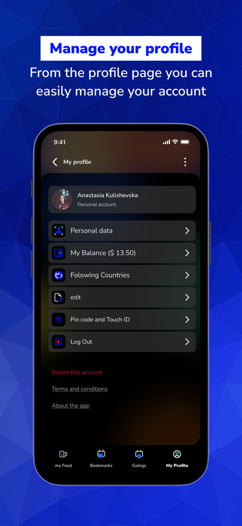 MyVoiceCounts - Una interfaz móvil para la aplicación MyVoiceCounts que muestra la pantalla de gestión de perfil con configuraciones para datos personales, saldo de cuenta y seguridad.