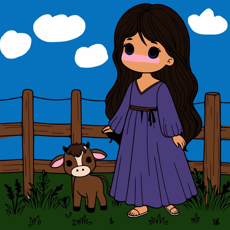 girl in long flowy dress standing in a meadow next to a fence with a baby cow