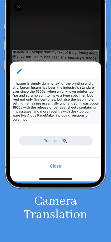 Smartphone-Benutzeroberfläche der arabdict-App, die die Kamera-Übersetzungsfunktion mit gescanntem Text zur Übersetzung zeigt.
