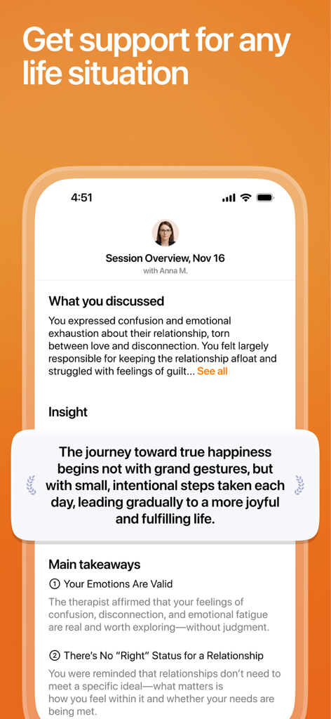 Lovon app interface showing an AI therapy session summary with insights and takeaways.