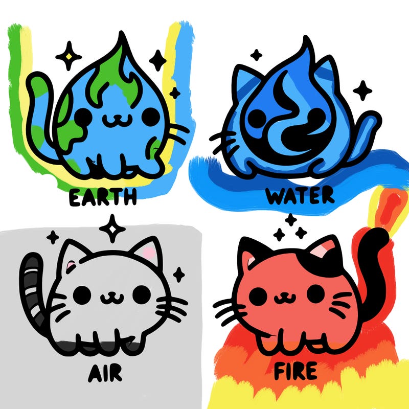 4 cats that represent the different elements, earth, water, air, and fire