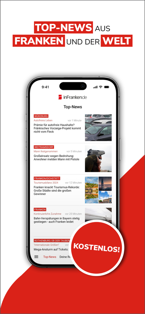 Un smartphone mostrando la aplicación de noticias inFranken.de con titulares locales y globales