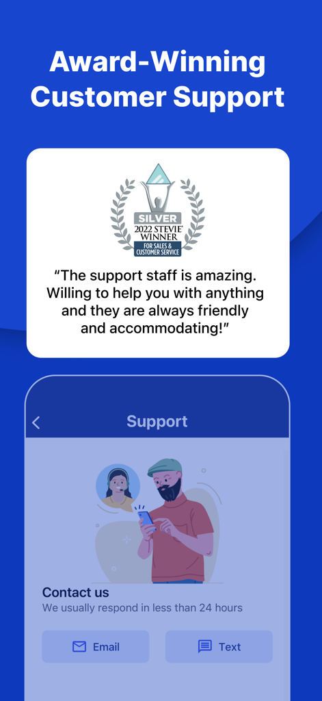 InnoCaption: Call Captioning - InnoCaption app screenshot highlighting award winning customer support and contact options