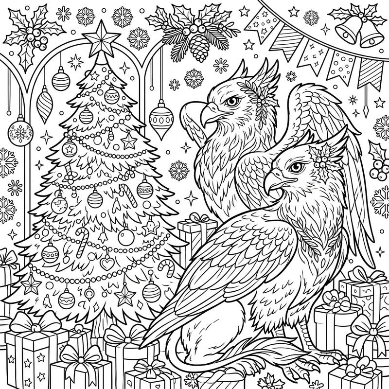 Unleash your creativity with this enchanting Christmas coloring page featuring two magnificent Albino Griffins. Immerse yourself in a festive scene filled with a beautifully decorated tree, abundant presents, and intricate holiday details.