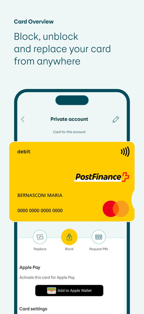 PostFinance app screen for managing debit cards and Apple Wallet integration