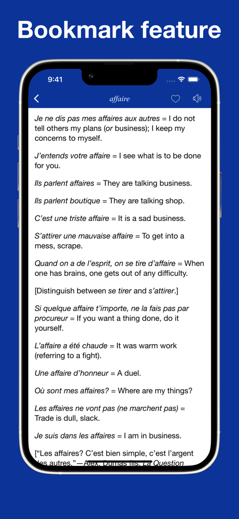 Screenshot of the French Idioms and Proverbs app showing the bookmark feature with French to English translations of the word affaire.