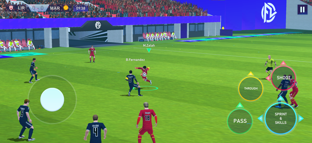 Football League™ 2025 - Gameplay screenshot of Football League 2025 showing a 3D soccer match with on-screen controls