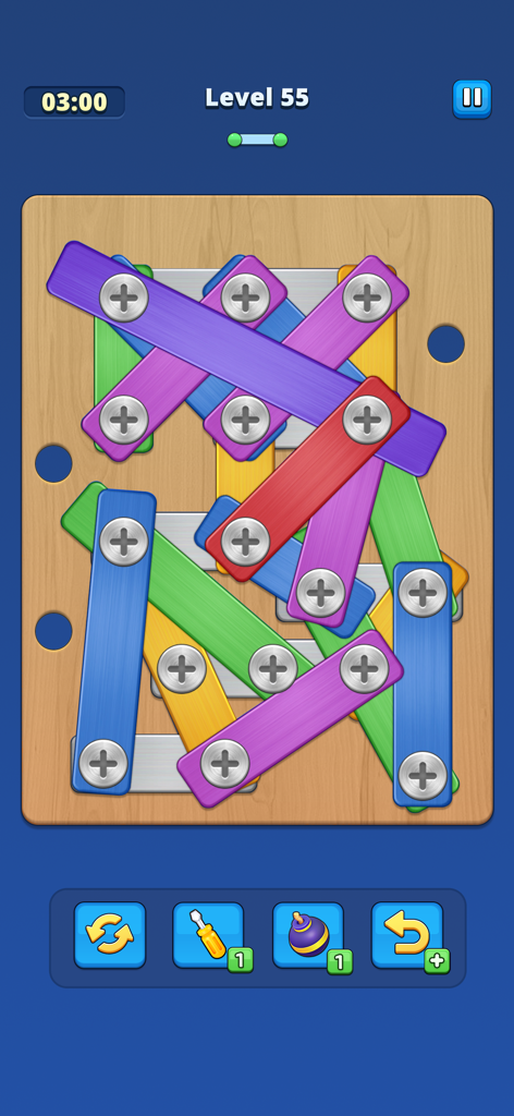 Jogo de Take Off Bolts Screw Puzzle mostrando placas de metal coloridas e parafusos em uma tábua de madeira