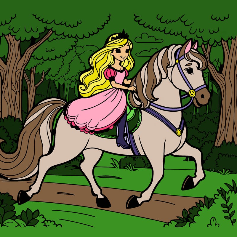 a princess riding a majestic white stallion through a forest clearing