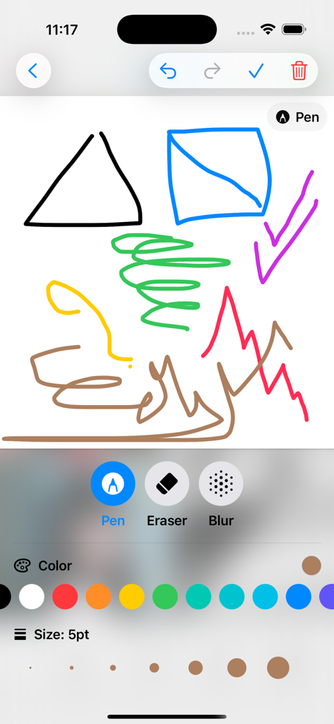 Sehory - Photo Collage Layout - Interfaz de la herramienta de dibujo de la aplicación Sehory con bocetos coloridos y ajustes de pincel