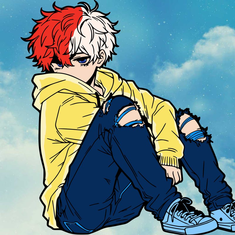a male hoddie ripped jeans messy hair anime