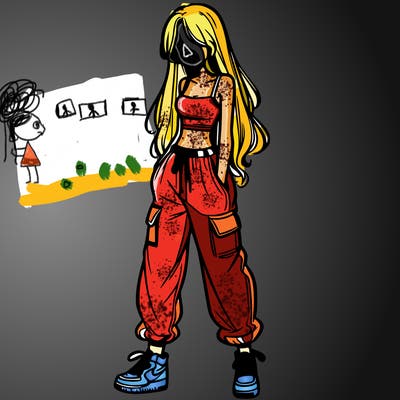 girl in baggy pants crop top and long hair