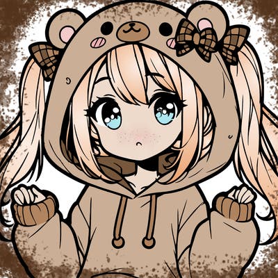 cute anime girl with ponytails and a cute bear hoodie
