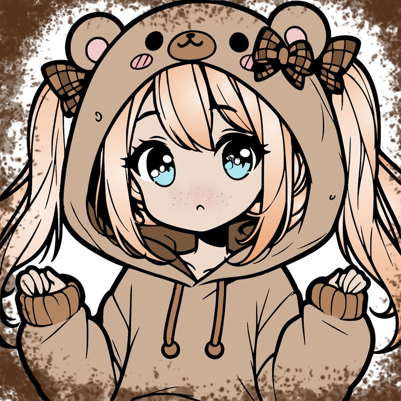cute anime girl with ponytails and a cute bear hoodie