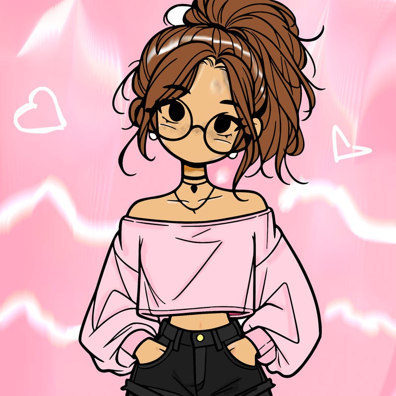 girl with a messy ponytail glasses a baggy crop top and jean shorts