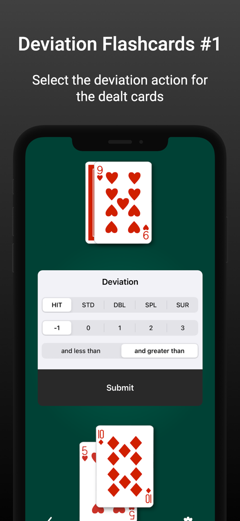 Blackjack-Abweichungs-Karteikarten-Übungsoberfläche mit Auswahlbuttons für die Strategie