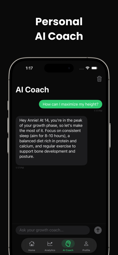 AI Coach chat screen in the HowTall app providing personalized height growth advice