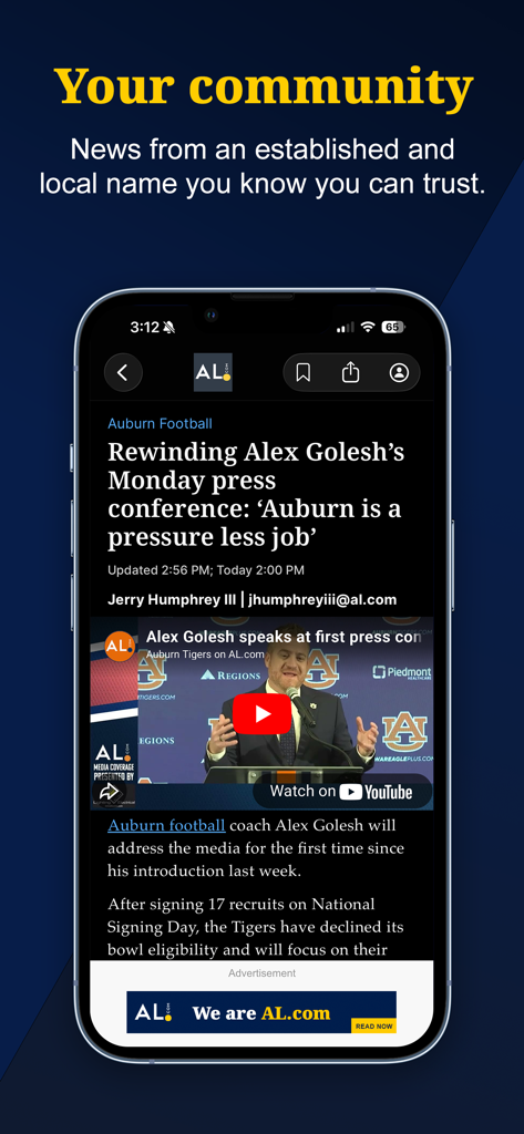 AL.com mobile app displaying a local Alabama news article about Auburn football.