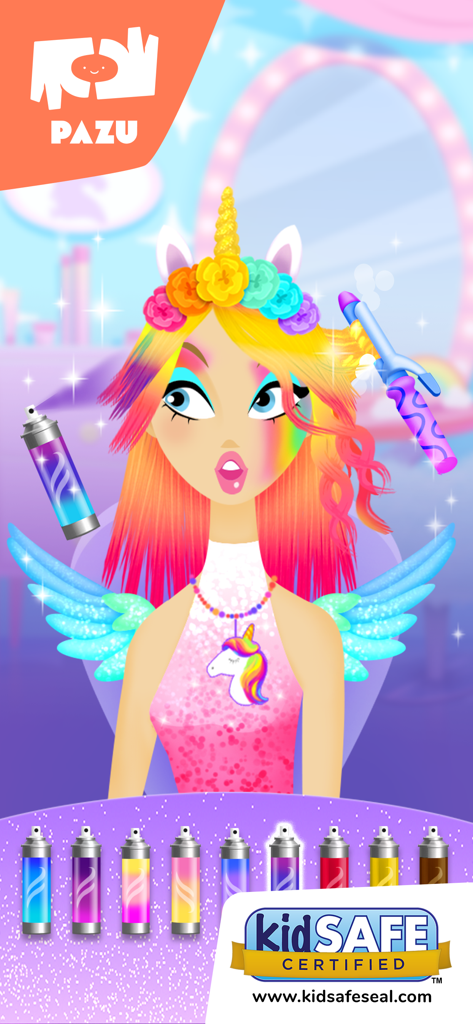 A girl with rainbow hair and a unicorn headband being styled in the Girls Hair Salon Unicorn app