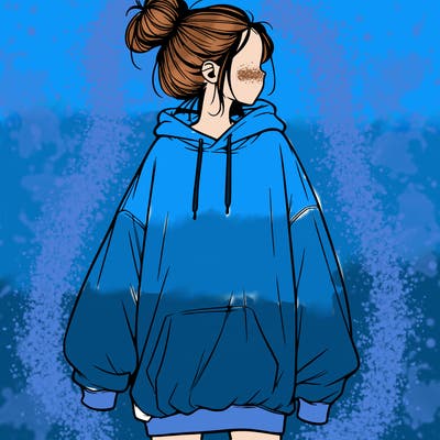 realistic girl with a oversized sweatshirt on and a bun