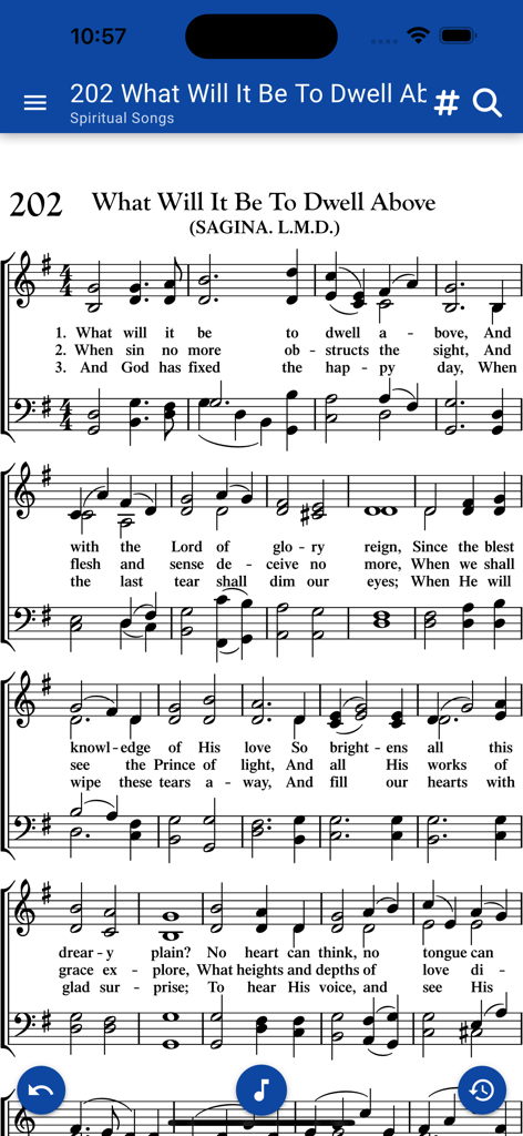 GrowInGrace Hymnal app screen showing musical notation and lyrics for a hymn