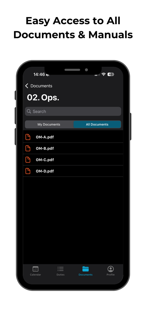 FL3XX Dispatch - Mobile interface of the FL3XX Dispatch app showing a list of flight operations manuals and operational documents.