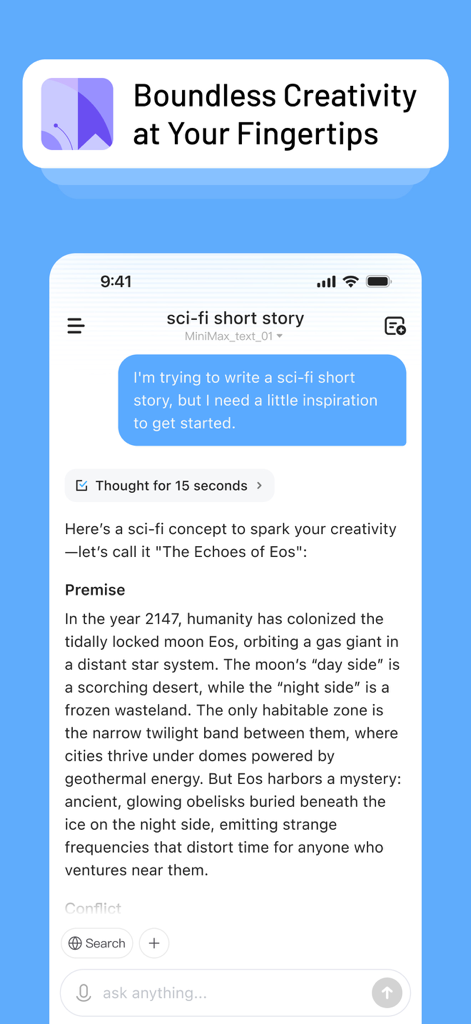 MiniMax AI agent interface showing a sci-fi story writing prompt