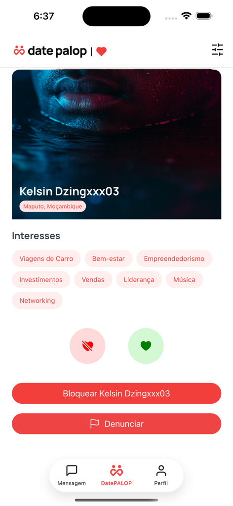 DatePALOP - A user profile on the DatePALOP app showing interests and matching options.
