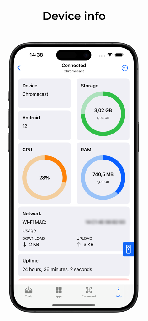 atvTools dashboard showing CPU RAM and storage status for a connected Android TV device