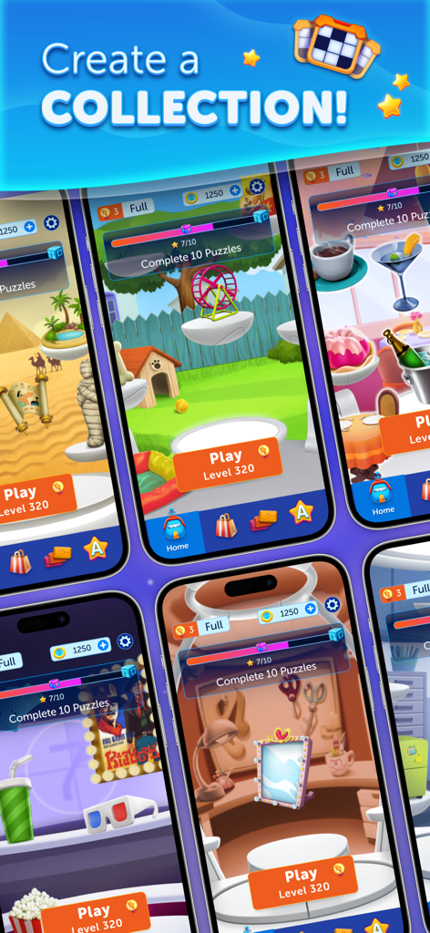 Eine Präsentation verschiedener thematischer Hintergründe und Fortschritte bei der Sammlung im LunaCross-Handyspiel.