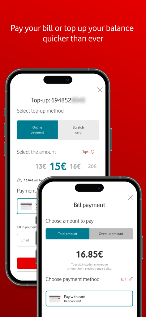 My Vodafone - Two phone screens showing bill payment and balance top up options within the My Vodafone app