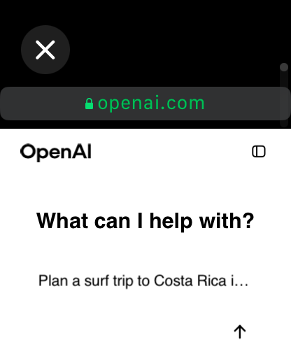 Google Watch Web Browser, der die OpenAI-Homepage auf einer Apple Watch anzeigt