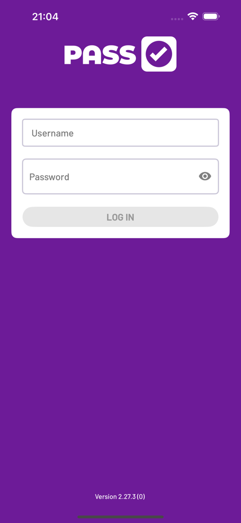 Login screen for the PASSforcare professional clinical care mobile app