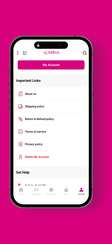 Carina Wear - Carina Wear app account screen showing important links and user settings.