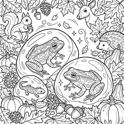 Unearth the magic of nature with this captivating coloring page featuring ancient amber frogs within a vibrant autumn landscape. Delight in coloring falling leaves, pumpkins, and adorable woodland creatures preparing for the season.