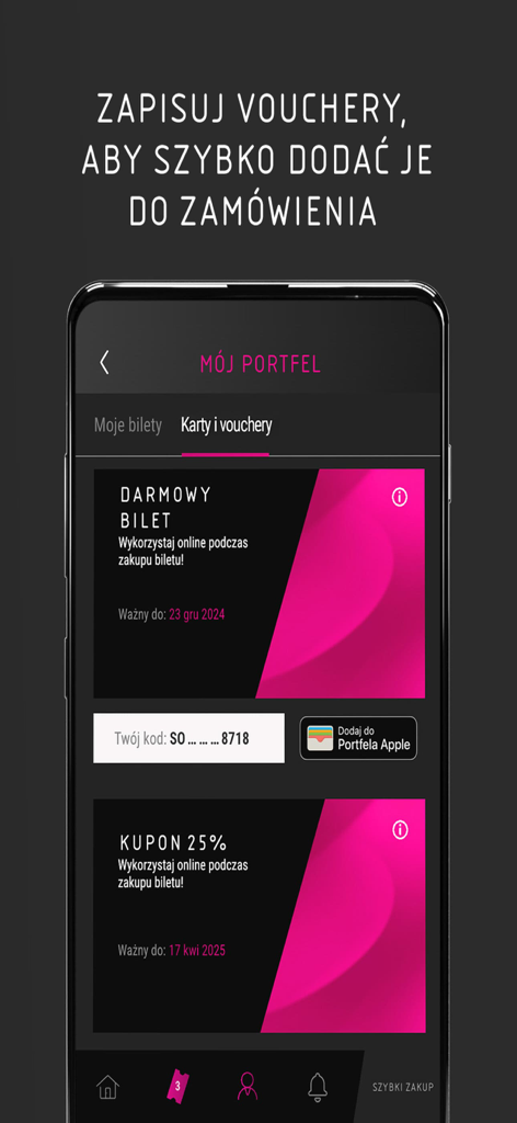 Interface of Multikino VUE app showing movie vouchers and 25 percent discount coupons in the My Wallet section.