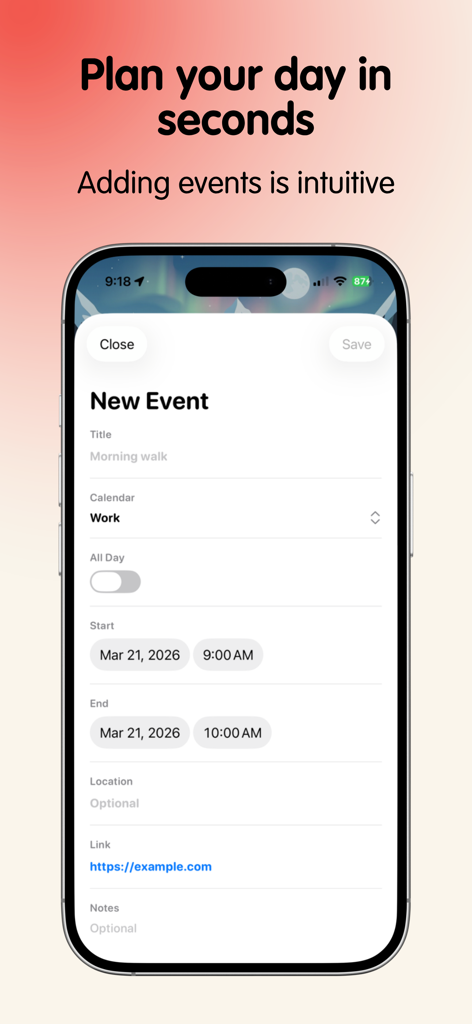 Frames: Photo Calendar App - The new event creation screen of the Frames photo calendar app