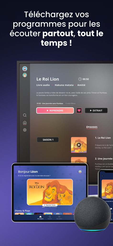 Sybel - Audio series, Podcasts - Sybel app interface displayed on a TV, tablet, smartphone, and smart speaker showing offline listening features for audio series.