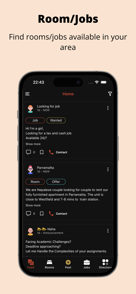 Kaam Kotha - Oberfläche der Kaam Kotha App, die einen Feed von Zimmer- und Stellenanzeigen für die nepalesische Diaspora anzeigt