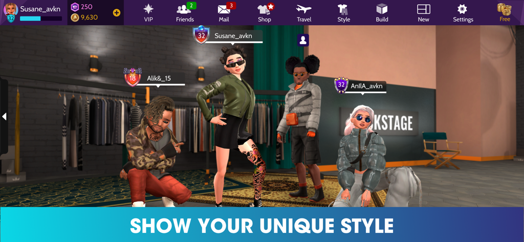 Cuatro avatares 3D diversos posando en un elegante camerino con el texto 'muestra tu estilo único'.