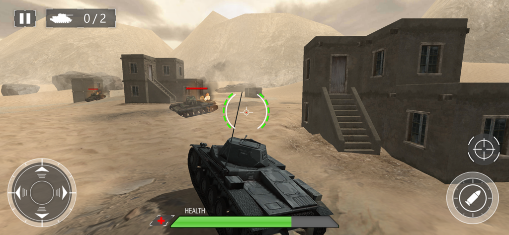 Tank combat gameplay in D-Day World War 2 Battle showing a player tank targeting enemy vehicles in a desert environment.