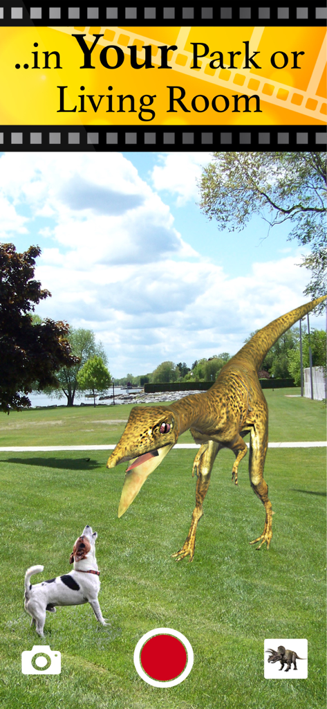 Jurassic AR Camera 3D Glasses - モバイルカメラアプリを通して、小さな犬の隣の公園に現れる拡張現実恐竜